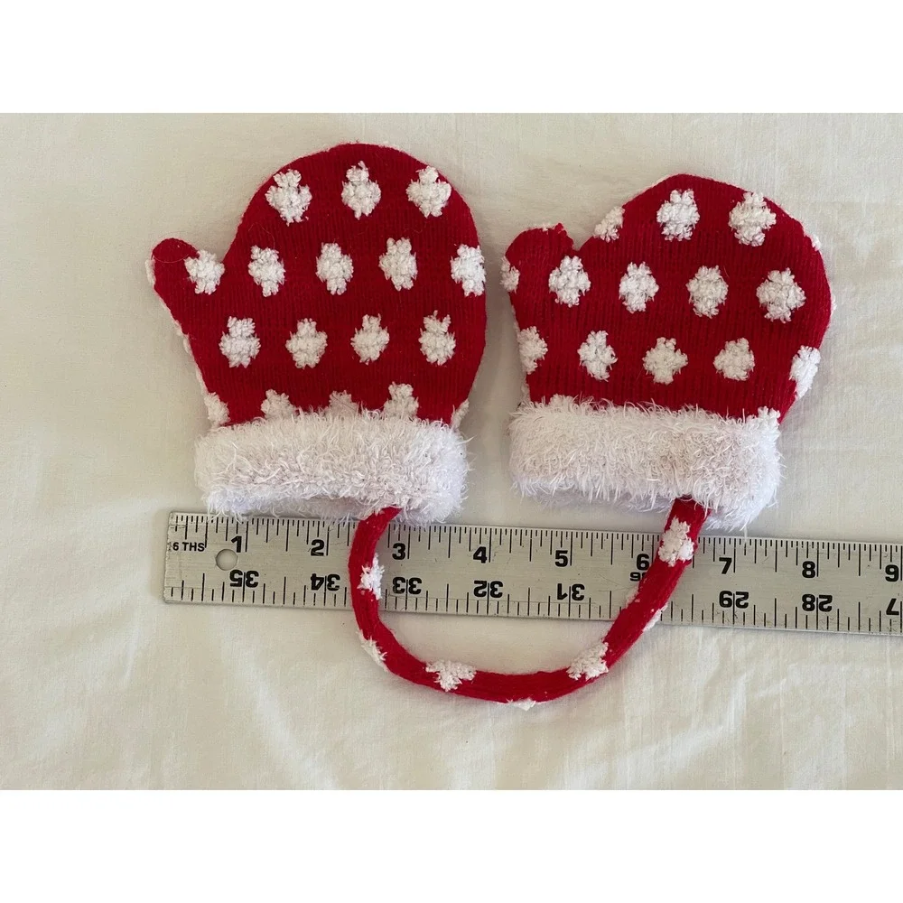 Kids Red White Knit Mittens with String Snowflake Pattern Faux Fur Trim‎ Winter